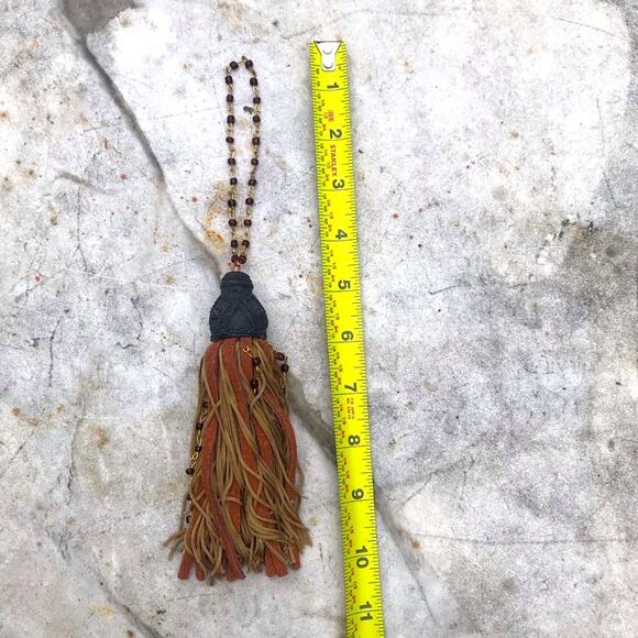 Tan & Orange leather Fan Pull or furniture Tassel Pull with ornate gray top VTG - Picture 10 of 13